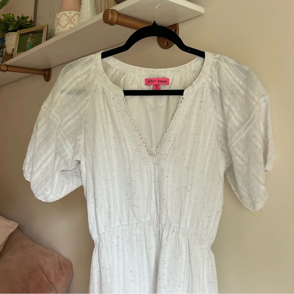 Betsey Johnson Spectator White Maxi Dress Sz XS Puff Sleeves w/colorful Speckles